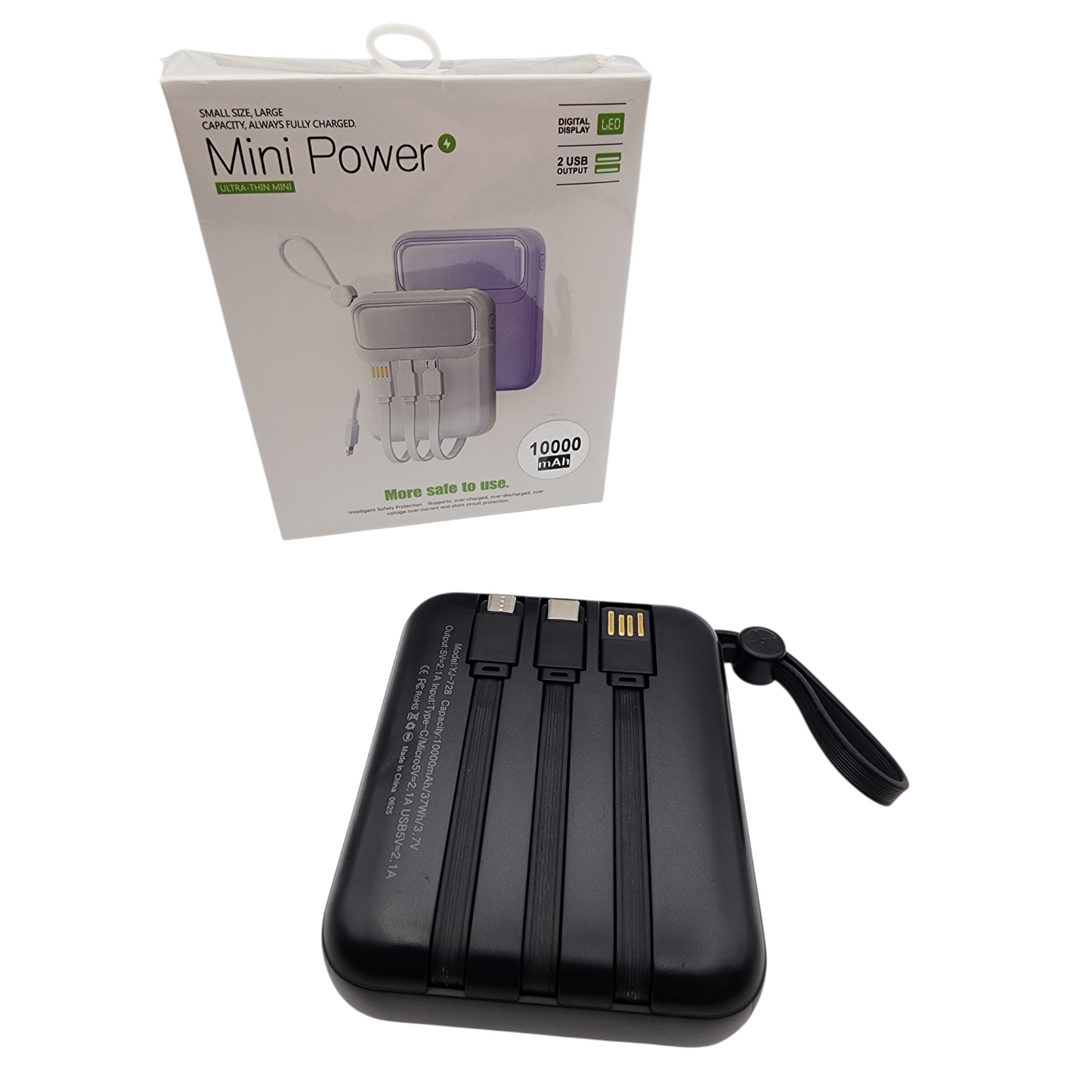 Mini Power 10 000 mAh – Batterie Externe Compacte avec Câbles Intégrés + Double USB (LCD/LED)