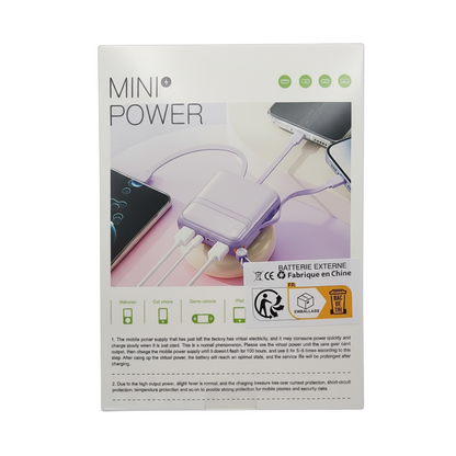 Mini Power 10 000 mAh – Batterie Externe Compacte avec Câbles Intégrés + Double USB (LCD/LED)