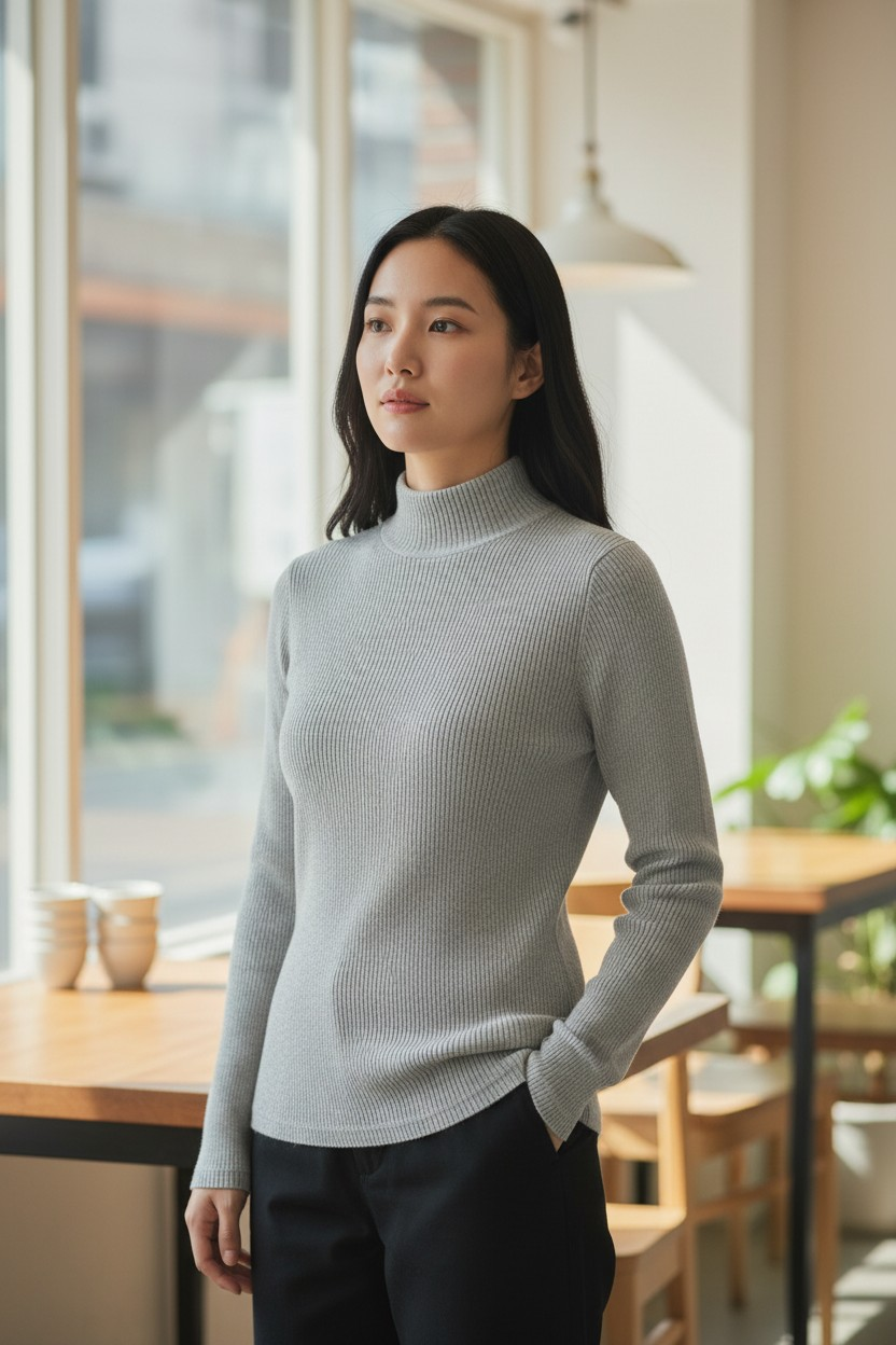 Haut col montant côtelé femme UNIQLO – taille XXS, gris ou noir