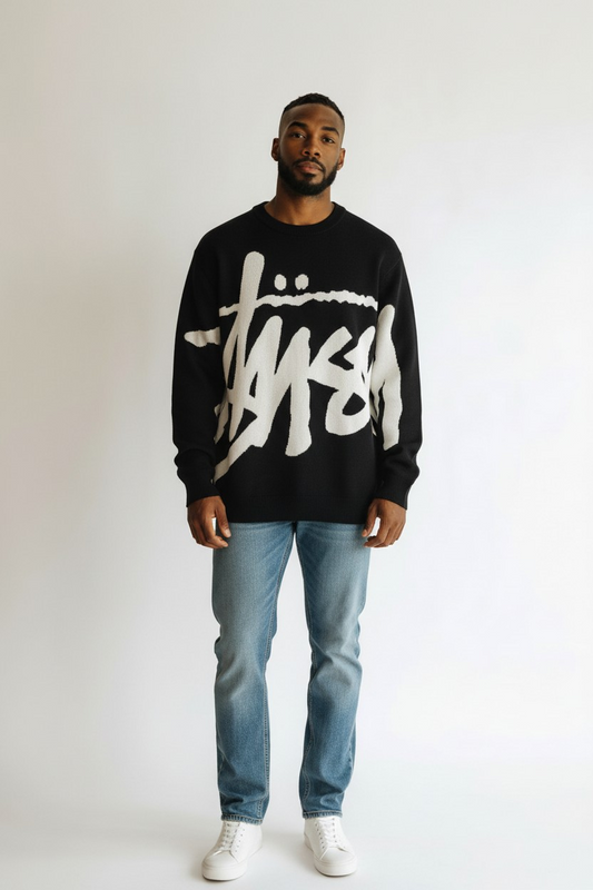 Pull Stüssy Logo Oversize Noir & Blanc – 100% Coton taille S